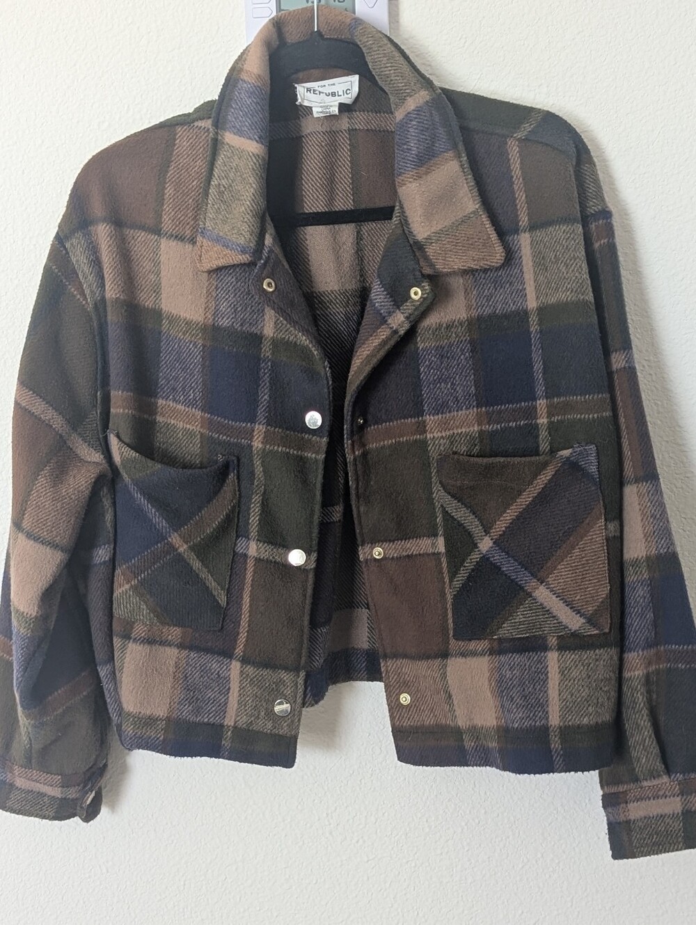 For The Republic Brown & Olive Plaid Jean Jacket Nwot